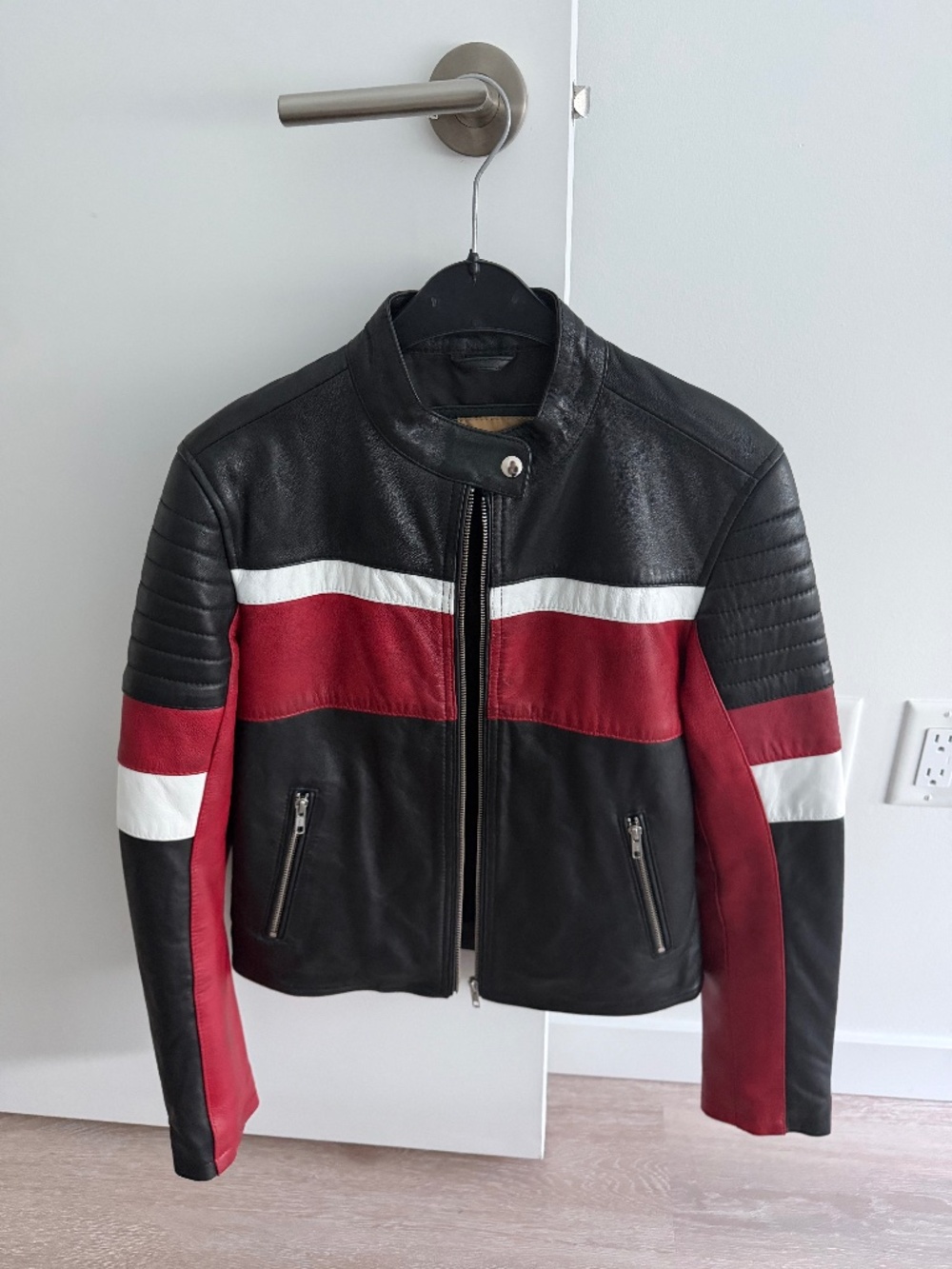 Genuine Leather Black Red White Moto Jacket